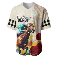 Baseball jersey in white with Kentucky Derby horse graphic, roses, and checkered sleeves