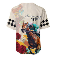 Baseball jersey in white with 'Anniversary 151st' back print, horse artwork, checkered sleeves