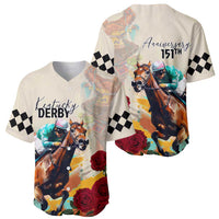 Baseball jersey in white with horse and rose graphics, front and back views, checkered sleeves
