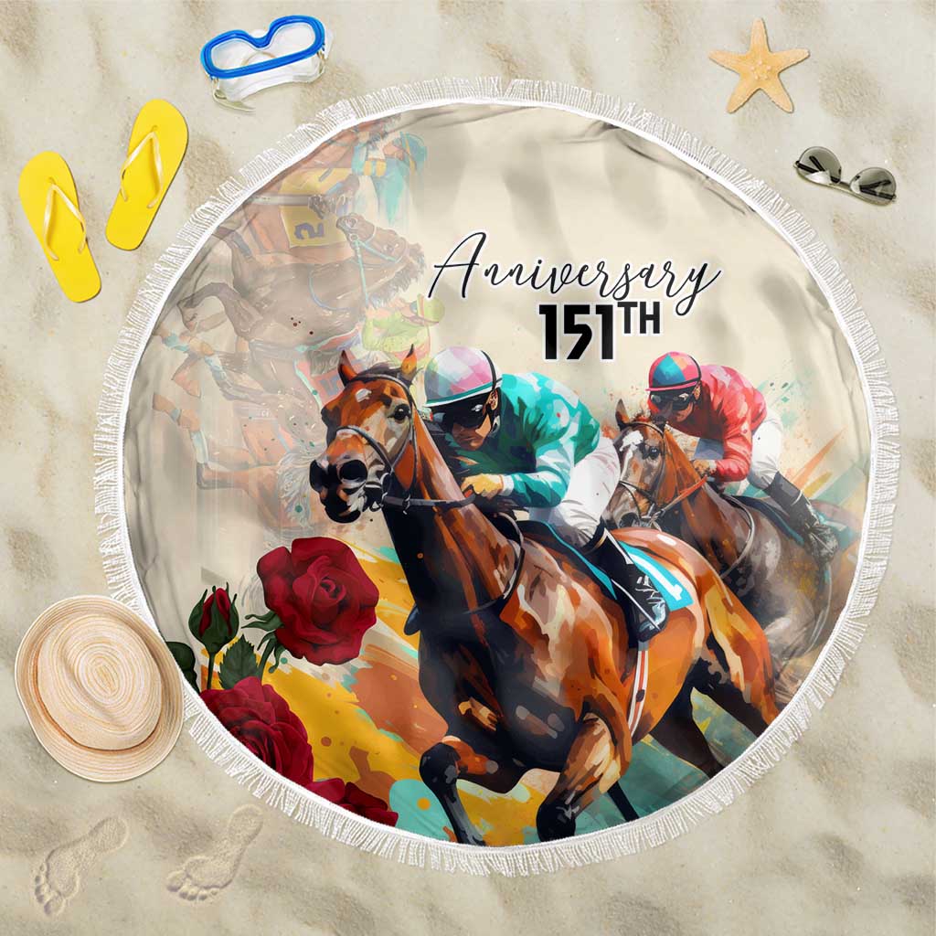 Round beach blanket showing “Anniversary 151TH” horse riders and roses, white fringed edge