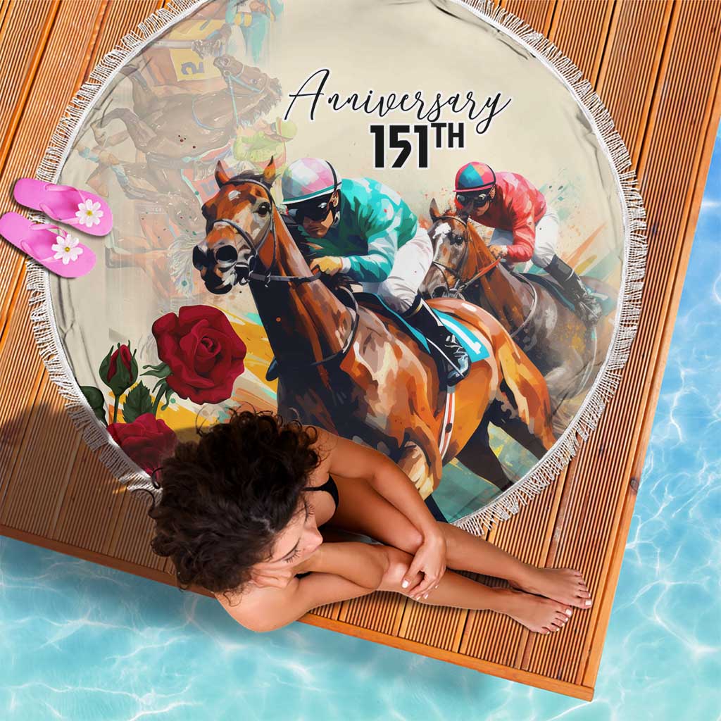 Round beach blanket with “Anniversary 151TH” horse-racing graphic and white tassel fringe
