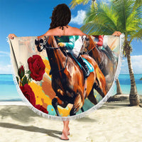 Round beach blanket with bold horse-racing artwork and “Anniversary 151TH”, white fringed border