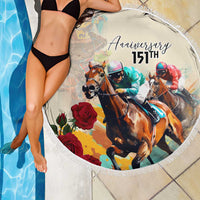 Round beach blanket with horse-racing artwork, roses, and text “Anniversary 151TH”, white fringe