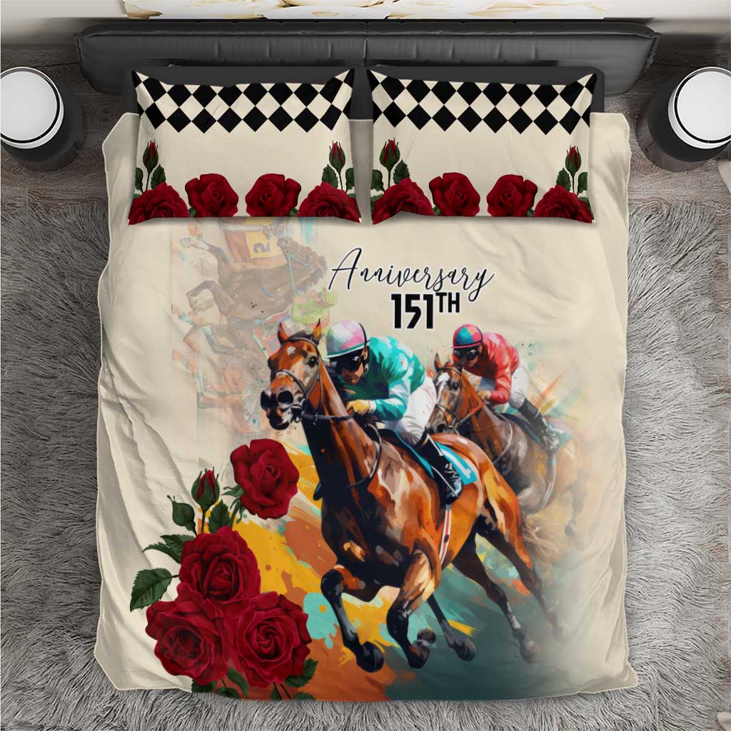 Cream bedding set with horse race graphic, red roses, and black check pillow trim.