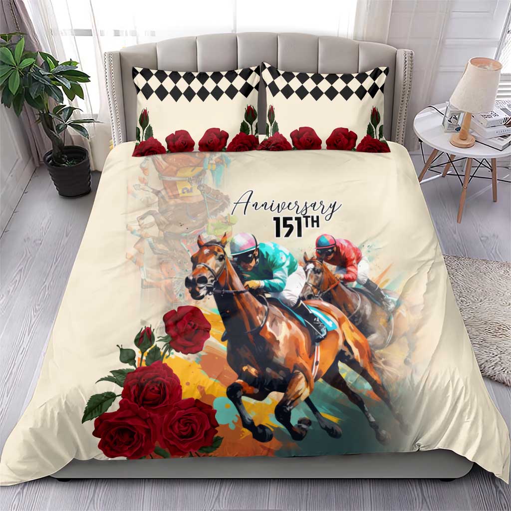 Cream duvet and matching pillows with horse race art, red roses, and black check trim.