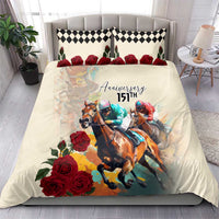 Cream duvet and matching pillows with horse race art, red roses, and black check trim.
