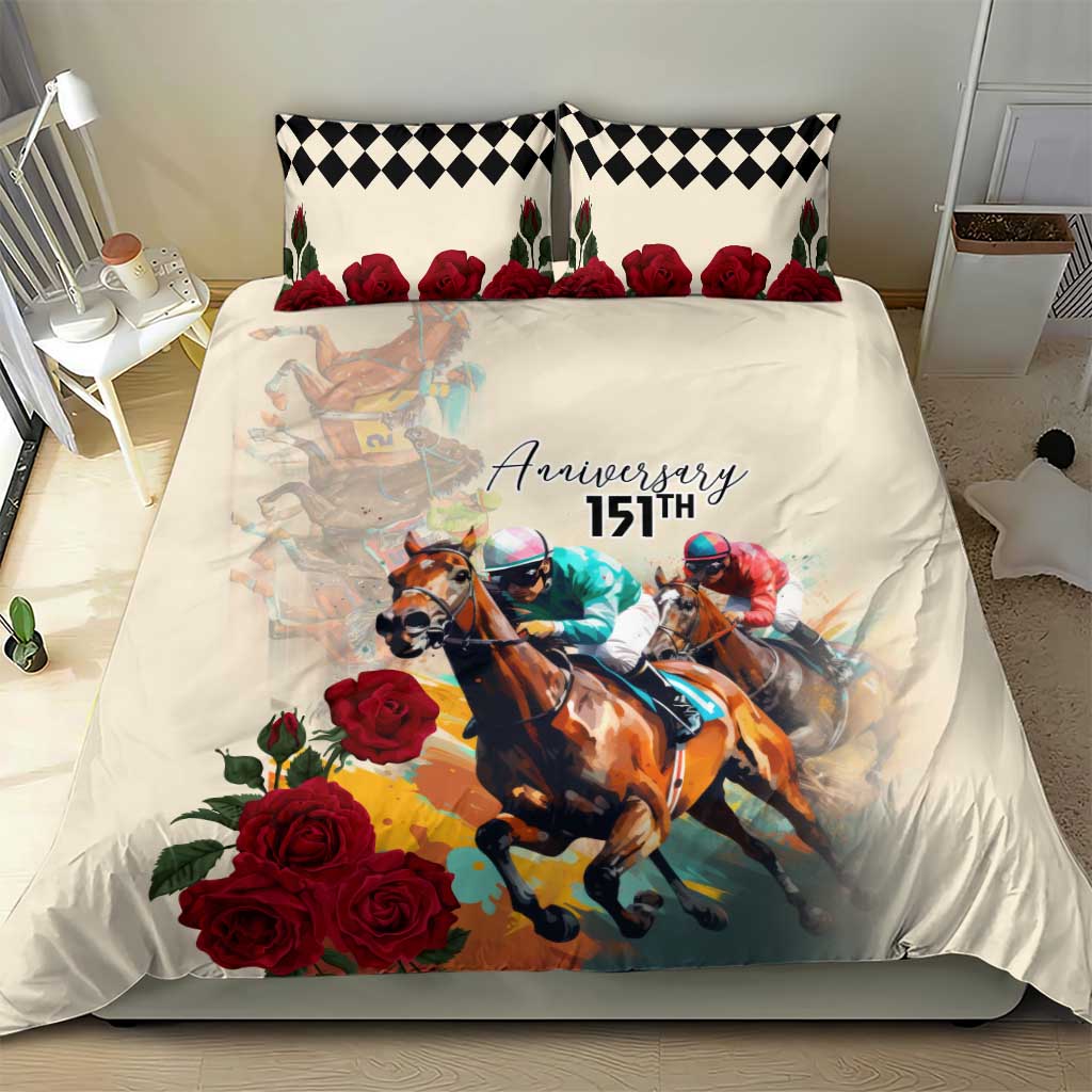 Cream duvet cover and pillow set with horse race scene, red roses, and black check border.