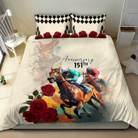 Cream duvet cover and pillow set with horse race scene, red roses, and black check border.
