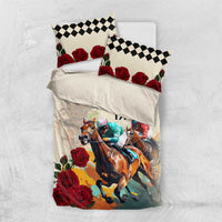Cream bedding set with horse race print, red rose motifs, and black check pillowcases.