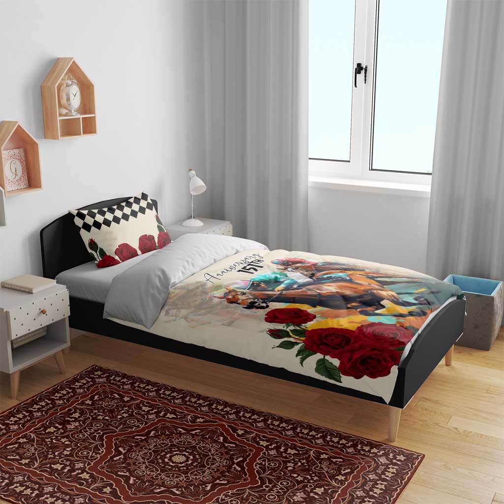 Cream duvet on bed with horse race print, red roses, and black check accent pillows.