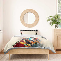 Cream duvet with horse race artwork, red roses, and black check pillow accents on bed.