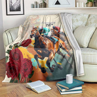 White anniversary horse racing blanket with colorful horses, roses, and “Anniversary 151st”