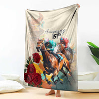 White anniversary horse racing blanket with three riders, roses, and “Anniversary 151st” text