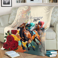 White horse racing anniversary blanket with roses, three jockeys, and “Anniversary 151st” print