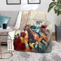 White anniversary horse racing throw blanket with riders and roses, “Anniversary 151st” on center