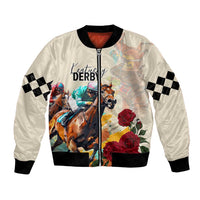 White bomber jacket with black ribbed cuffs and hem, front zip, horse racing graphic