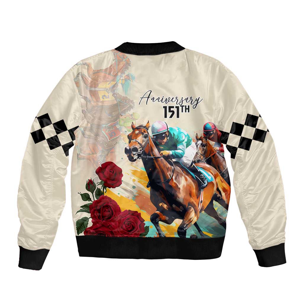 White bomber jacket back with black ribbing, horse racing illustration, “Anniversary 151st”