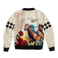 White bomber jacket back with black ribbing, horse racing illustration, “Anniversary 151st”