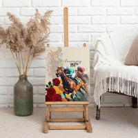 Framed horse racing anniversary canvas wall art on easel with jockeys and roses