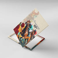 Diamond-layout horse racing anniversary canvas wall art with jockeys and red roses