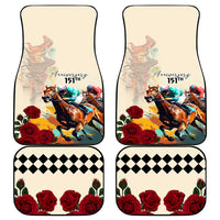 White car mat set of four with anniversary horse race art, roses, and black checkers