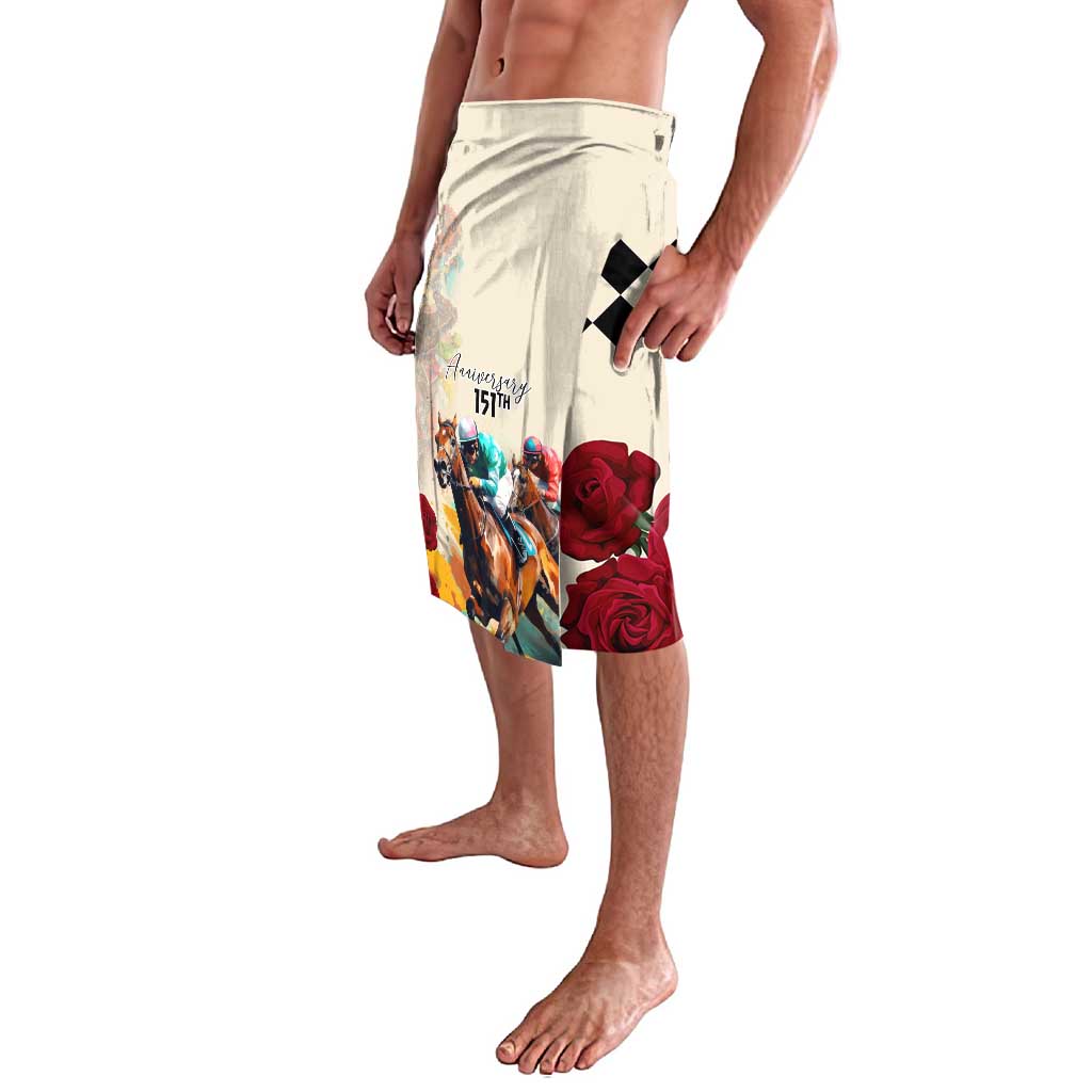 White side view swim shorts featuring horse rider artwork and red roses