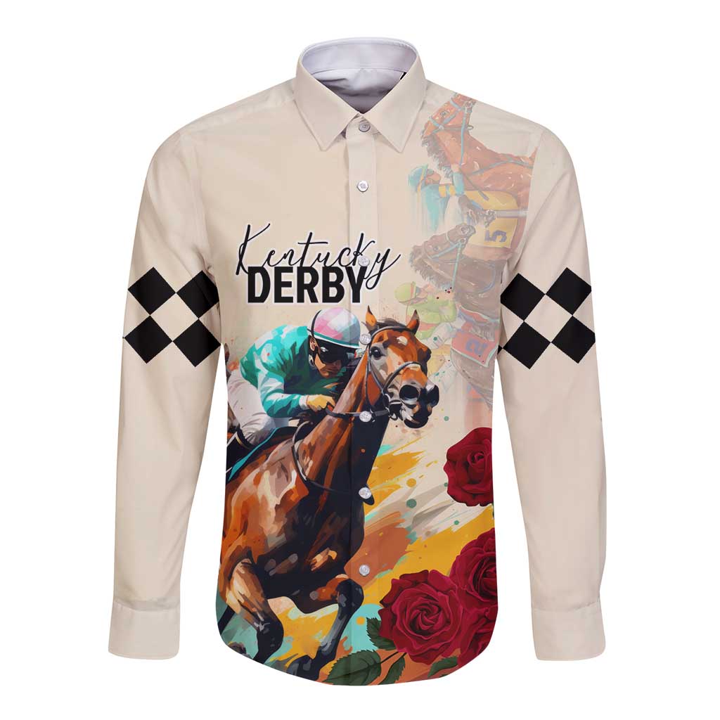 White long-sleeve button shirt with colorful horse graphic and checkered sleeve accents