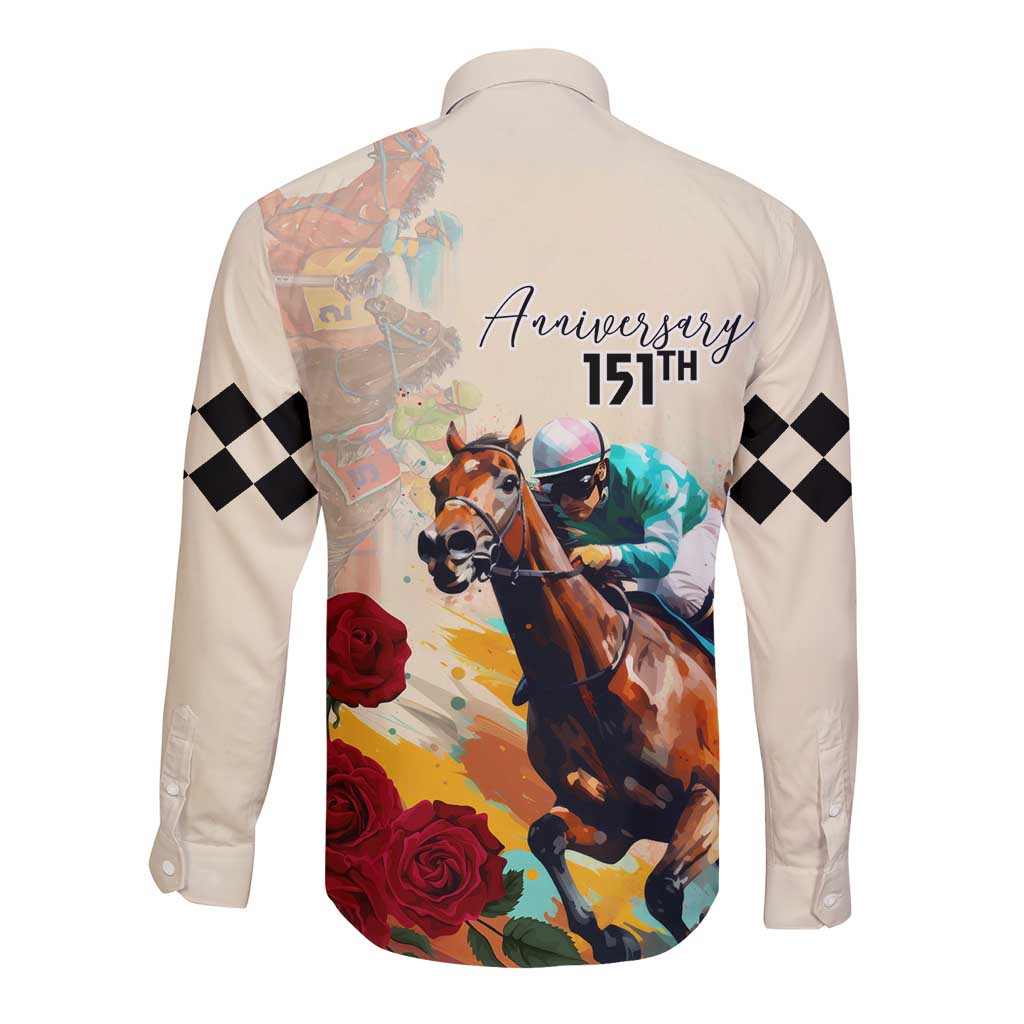 White long-sleeve button shirt with back print Anniversary 151st, horses and roses
