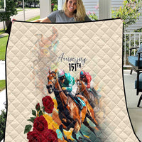 White anniversary quilt with diamond quilting, horses in action and red rose accents