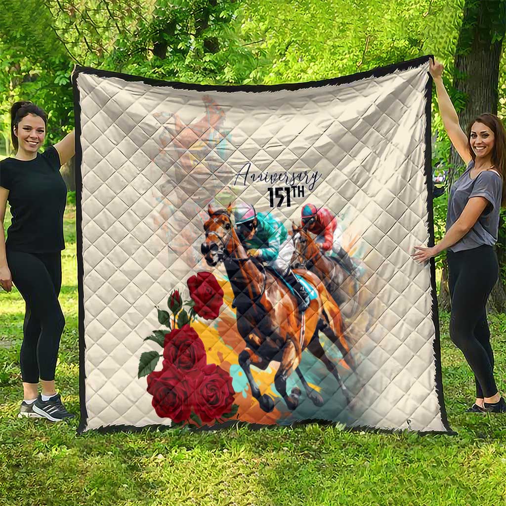White diamond-stitched quilt with horse racing print and red roses, outdoor backdrop