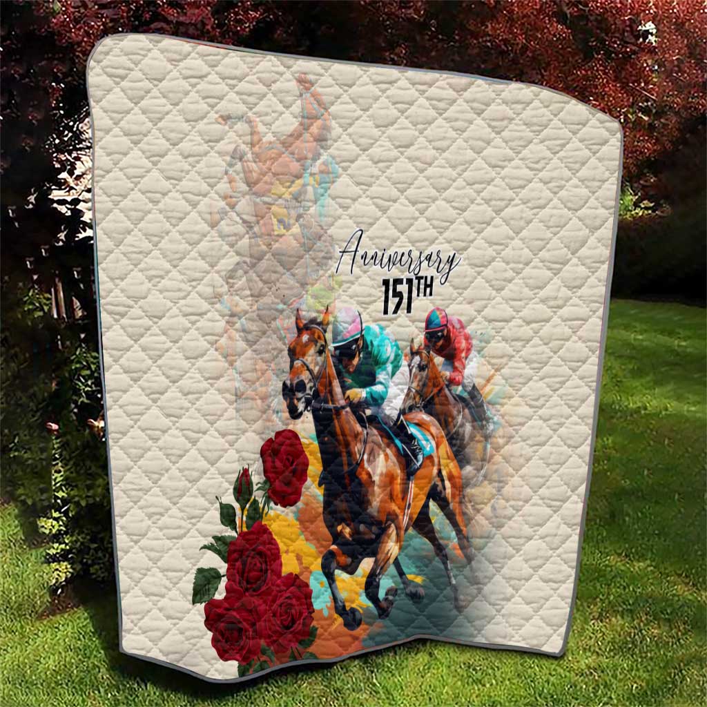 White anniversary quilt with diamond quilting, horse race illustration and “Anniversary 15th”