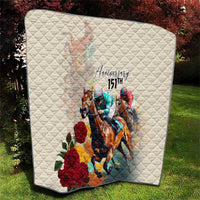White anniversary quilt with diamond quilting, horse race illustration and “Anniversary 15th”