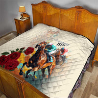 White anniversary quilt with diamond stitching, horse racing graphic and red roses