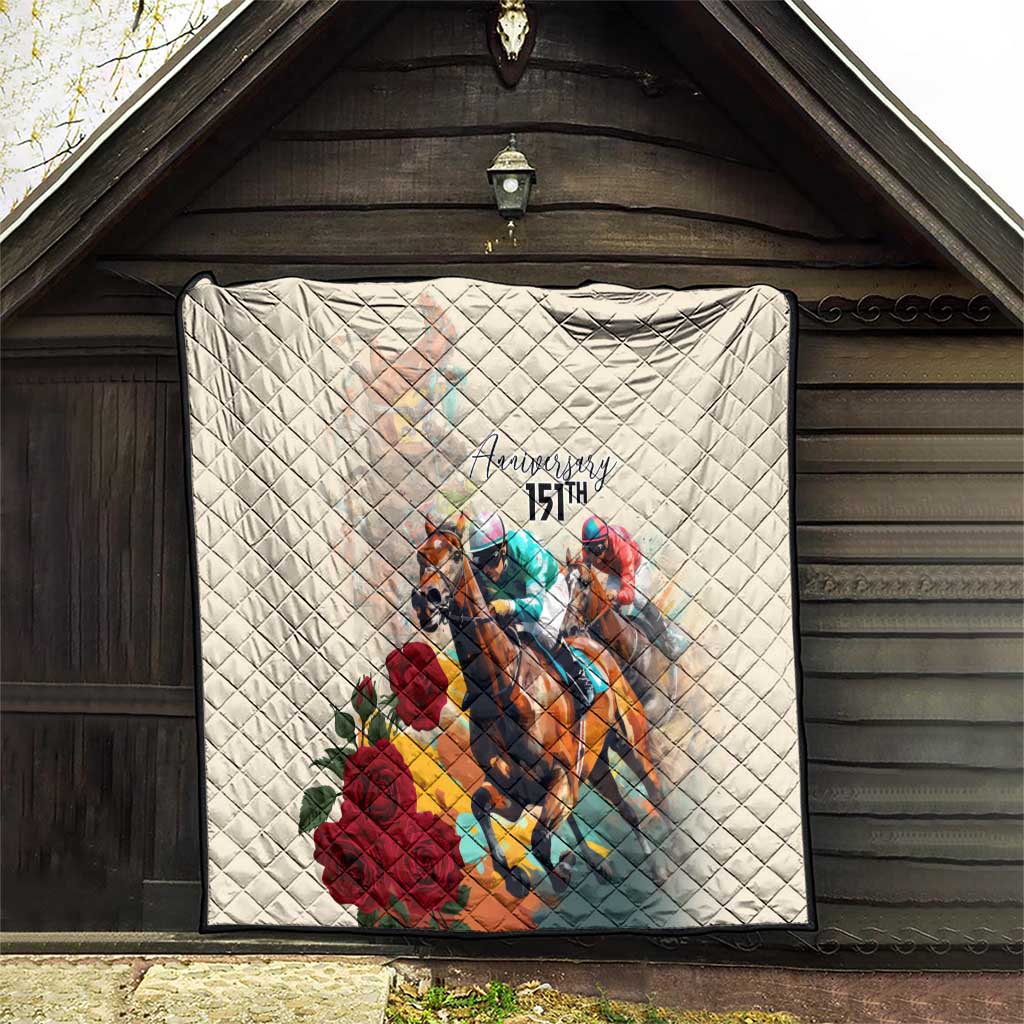 White quilt with diamond pattern, horse race artwork and “Anniversary 15th” text