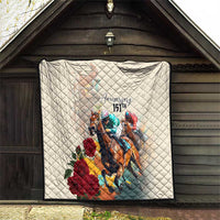 White quilt with diamond pattern, horse race artwork and “Anniversary 15th” text