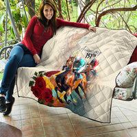 White quilt with diamond stitching, horse racing graphic with red roses and “Anniversary 15th”