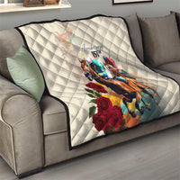 White quilt with diamond quilting on sofa, horse artwork, red roses and “Anniversary 15th”