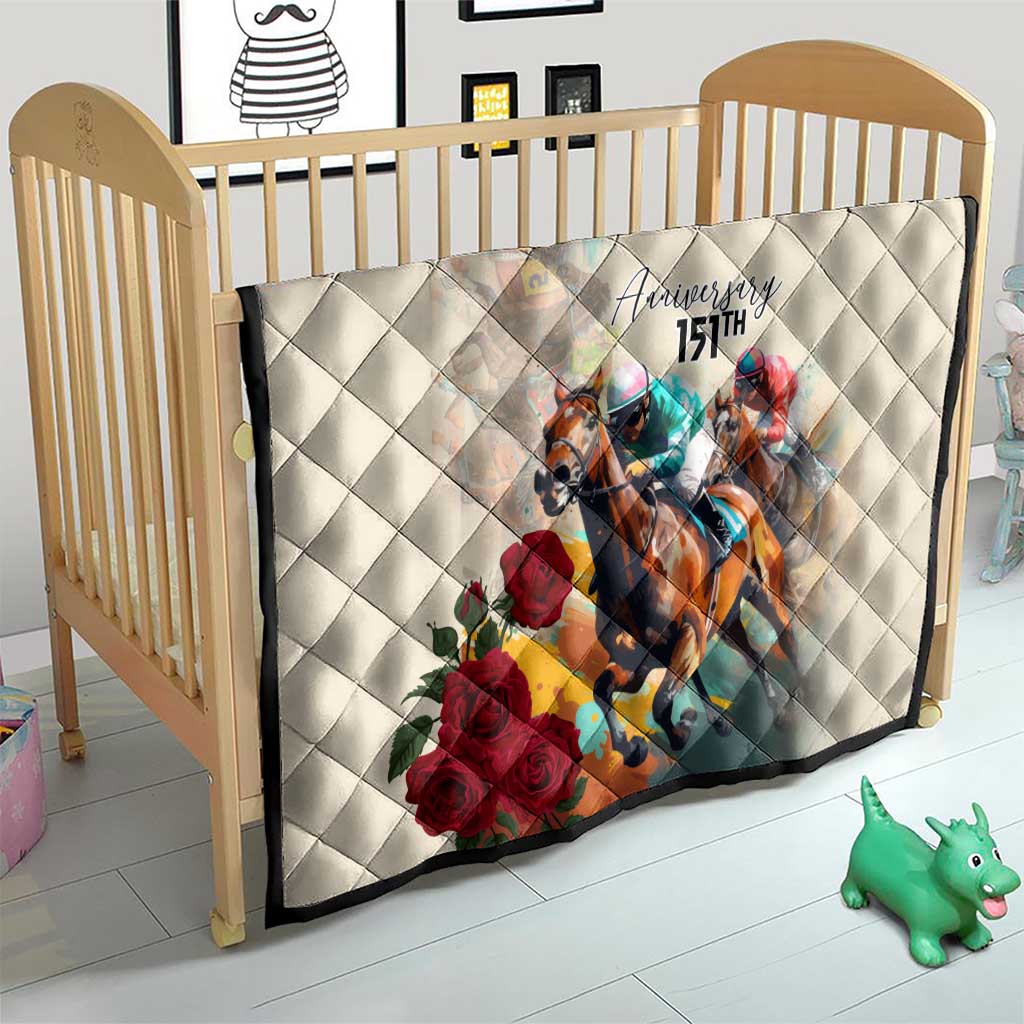 White diamond-stitched quilt for crib with horse race graphic, red roses and “Anniversary 15th”