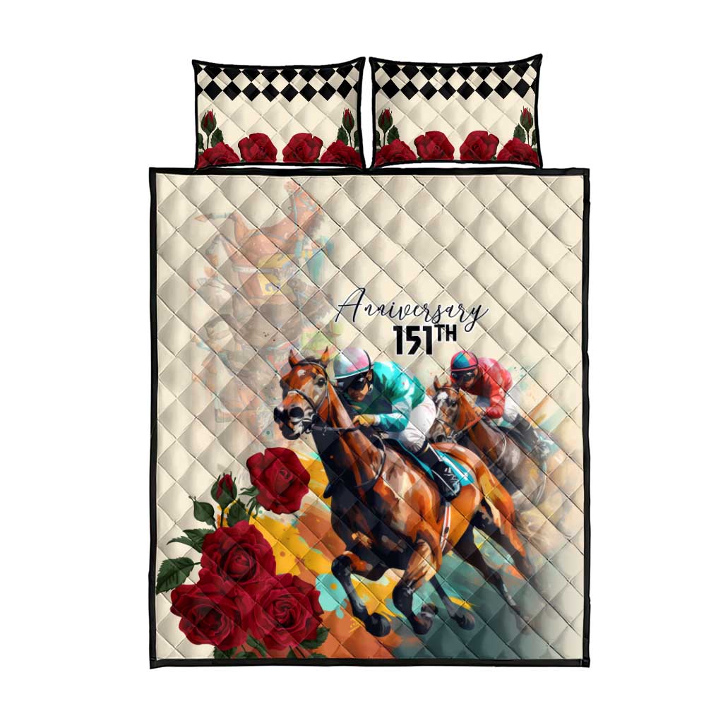 White quilt bed set laid flat: two checkered pillowcases, horse riders, roses, 151st