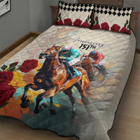 White quilt bed set on bed with horse-riding scene, red roses, checkered pillowcases