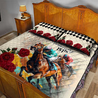 White quilt bed set with horse racing print, red roses, and checkered pillows on bed
