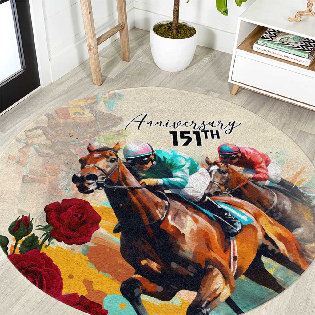 Round horse racing anniversary area rug with illustrated horses, roses, and '151st' text