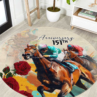 Round horse racing anniversary area rug with illustrated horses, roses, and '151st' text