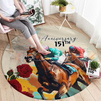 Round horse racing anniversary area rug under seated legs, featuring illustrated horses and '151st'