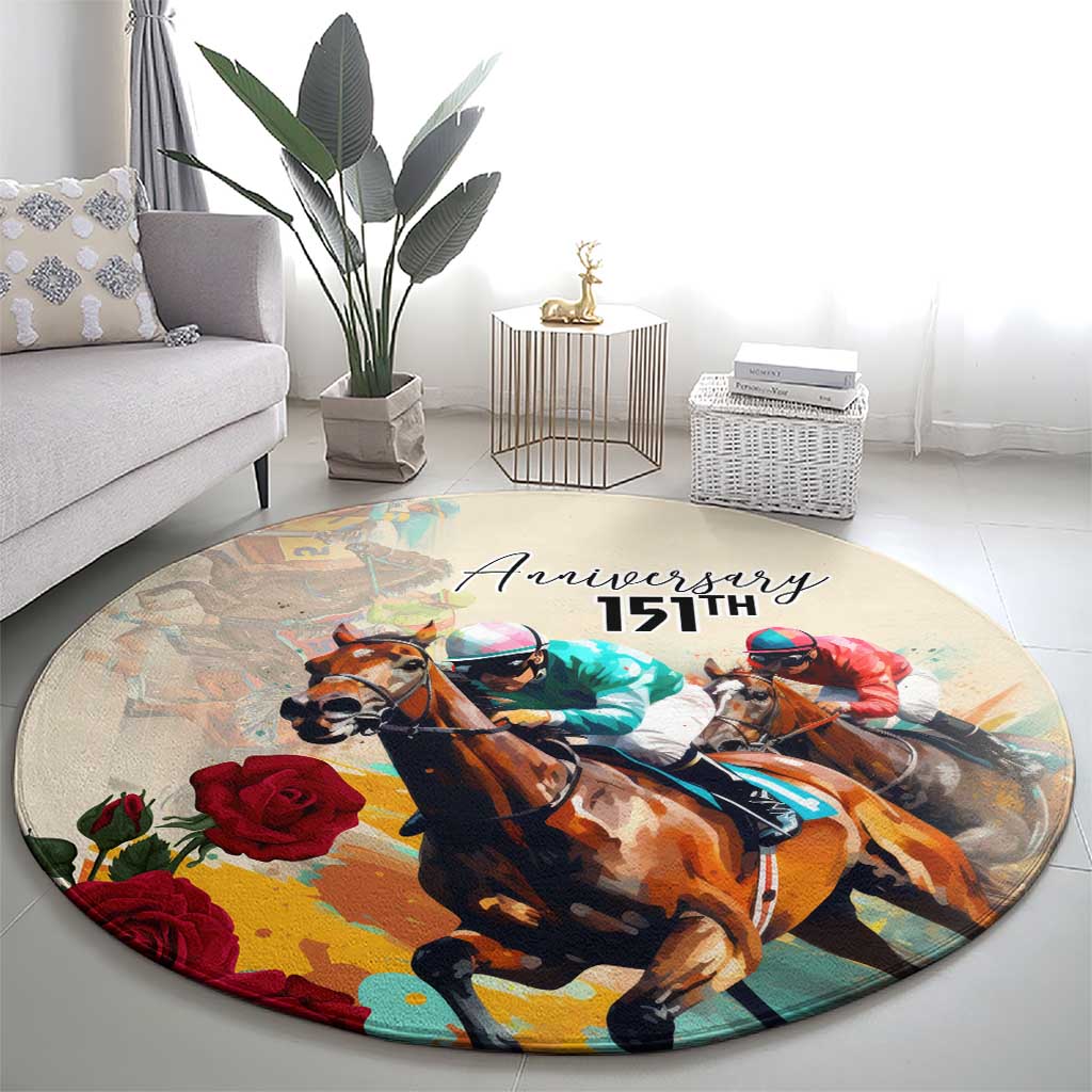 Round horse racing anniversary rug on living room floor with illustrated horses, roses, and '151st'