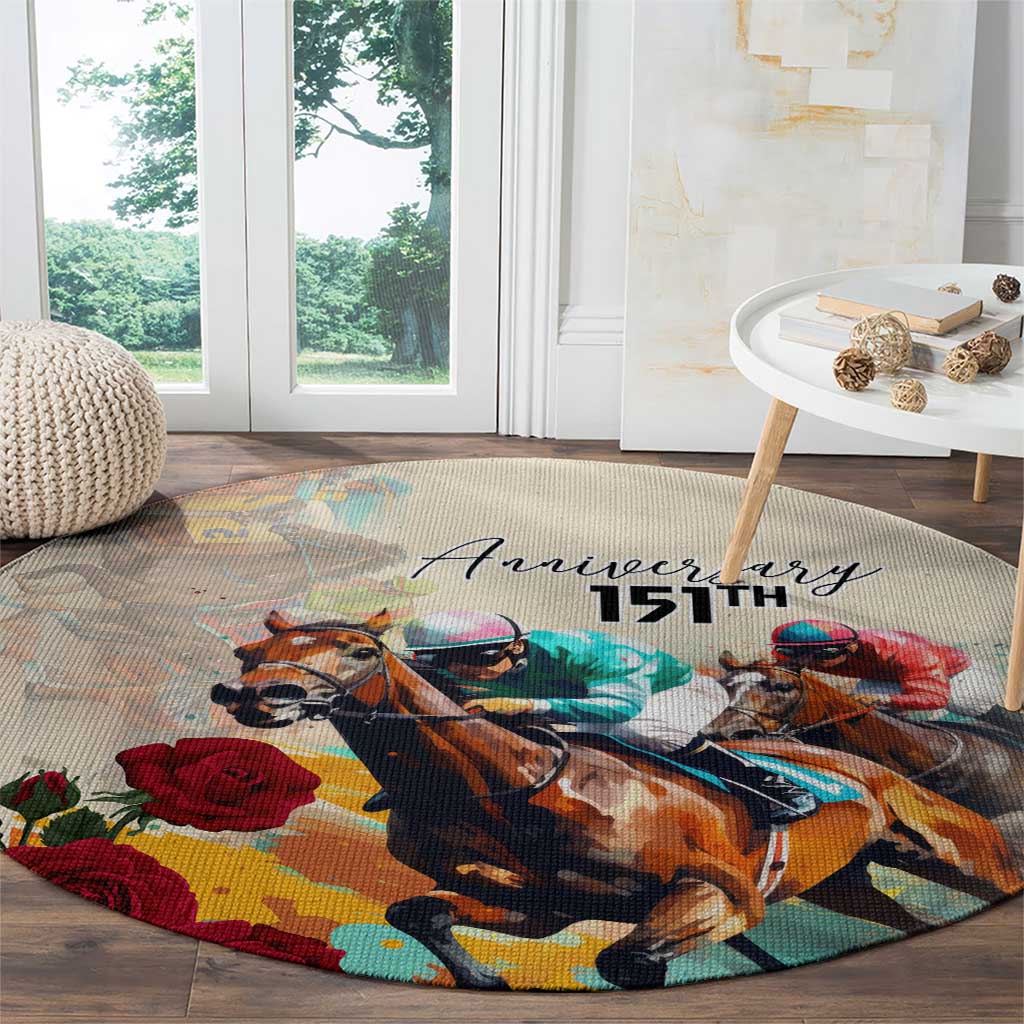 Round horse racing anniversary area rug with illustrated horses and '151st' text, red roses