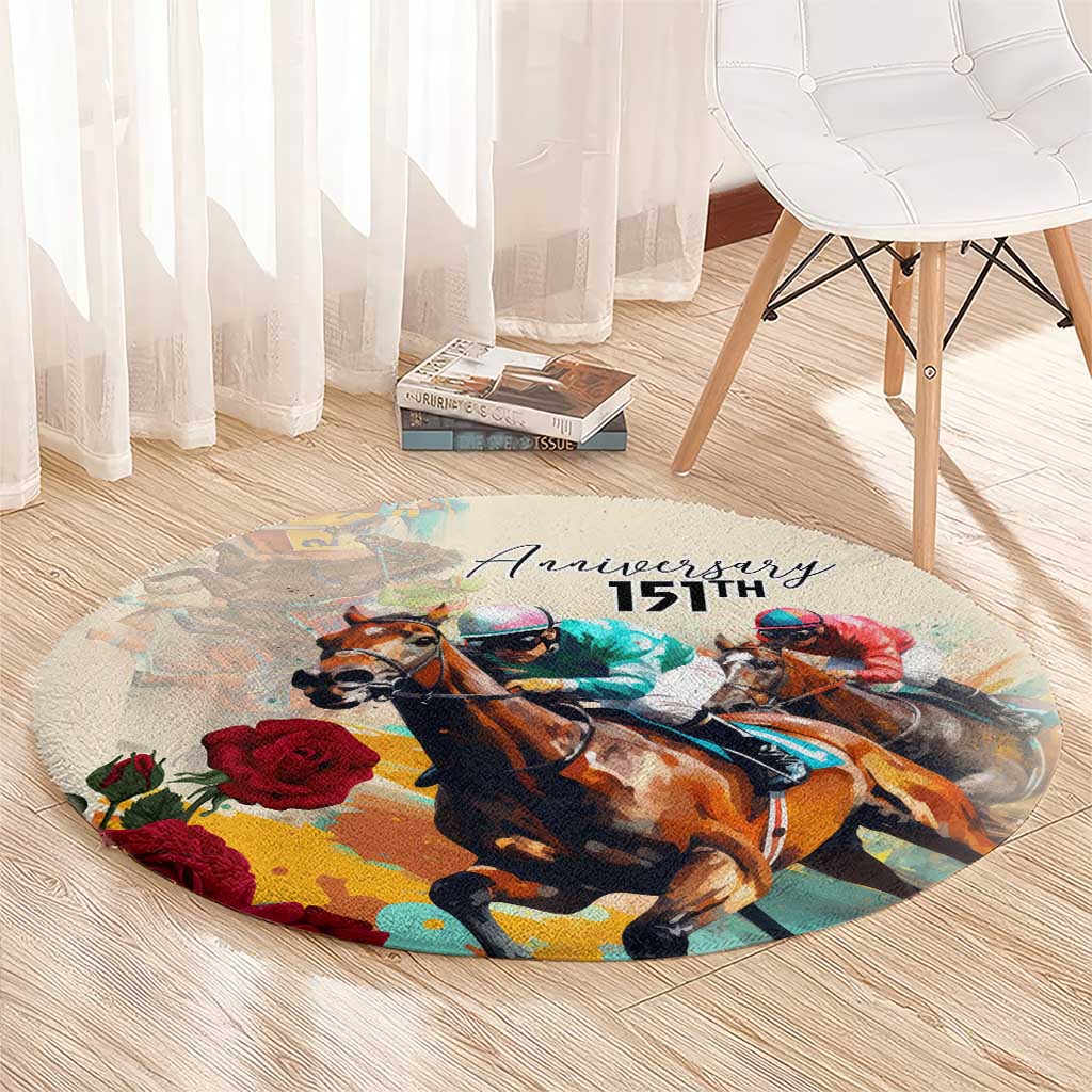 Round horse racing anniversary area rug on light wood floor with horses, roses, and '151st'
