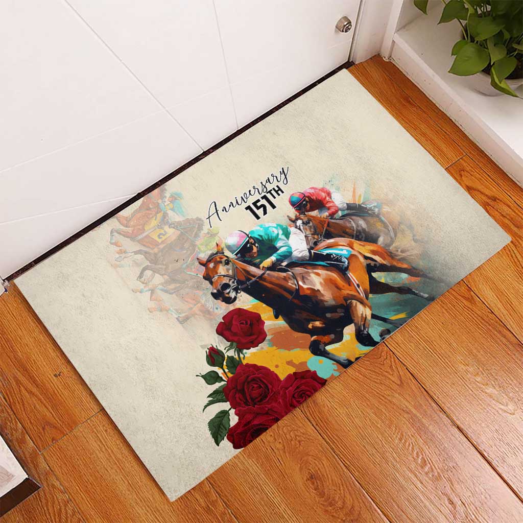 White rubber doormat with 151st anniversary race horses and red roses graphic