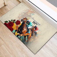 Light rubber doormat angled view with 151st anniversary horse race graphic