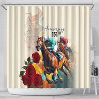 White shower curtain featuring racing horses with 151st anniversary lettering and red roses